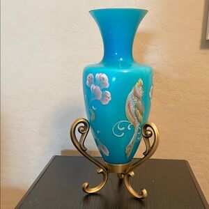 Elegant Blue Floral Vase with Gold Stand